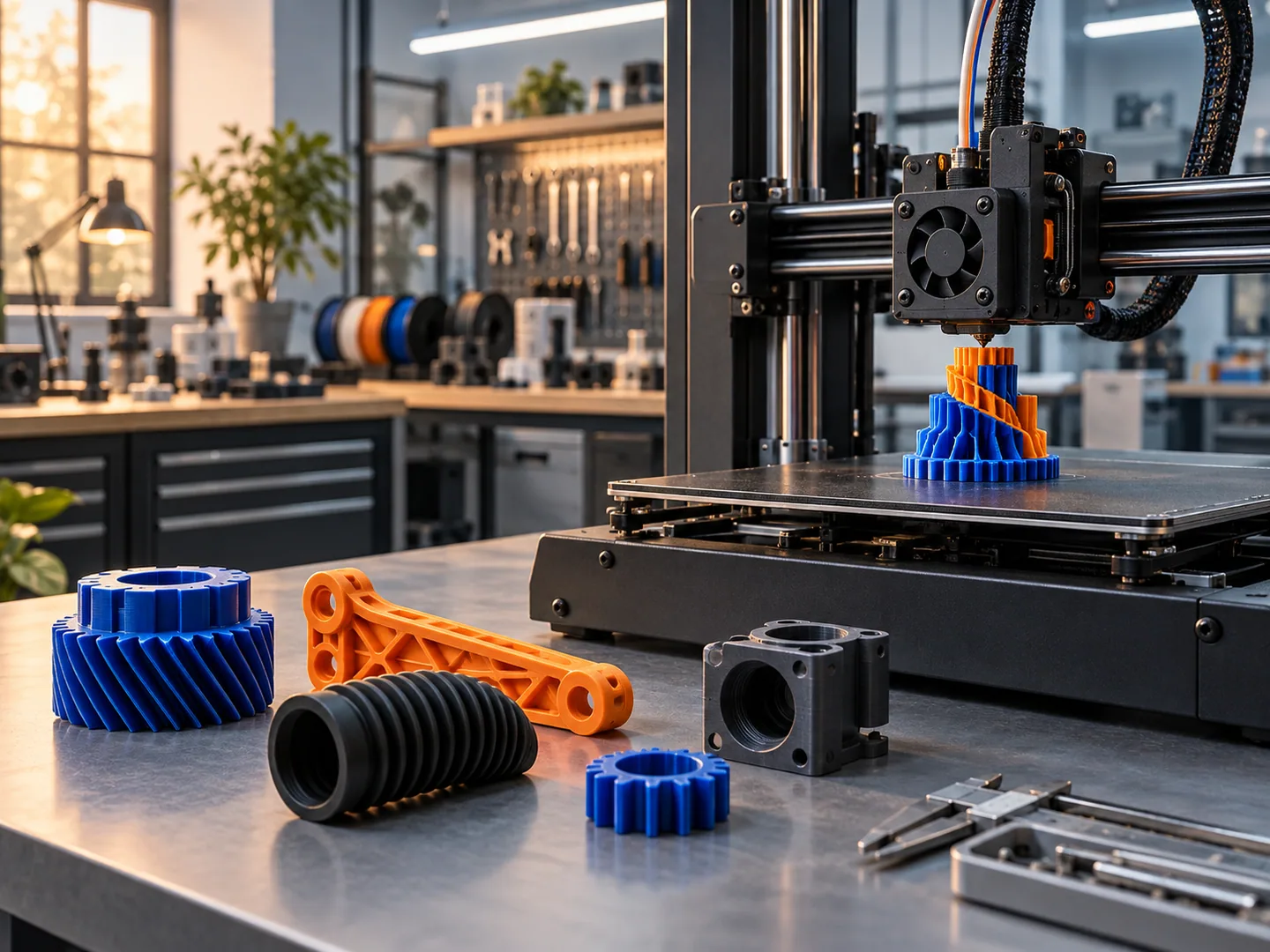 Impresora 3D fabricando un prototipo junto a piezas de distintos materiales