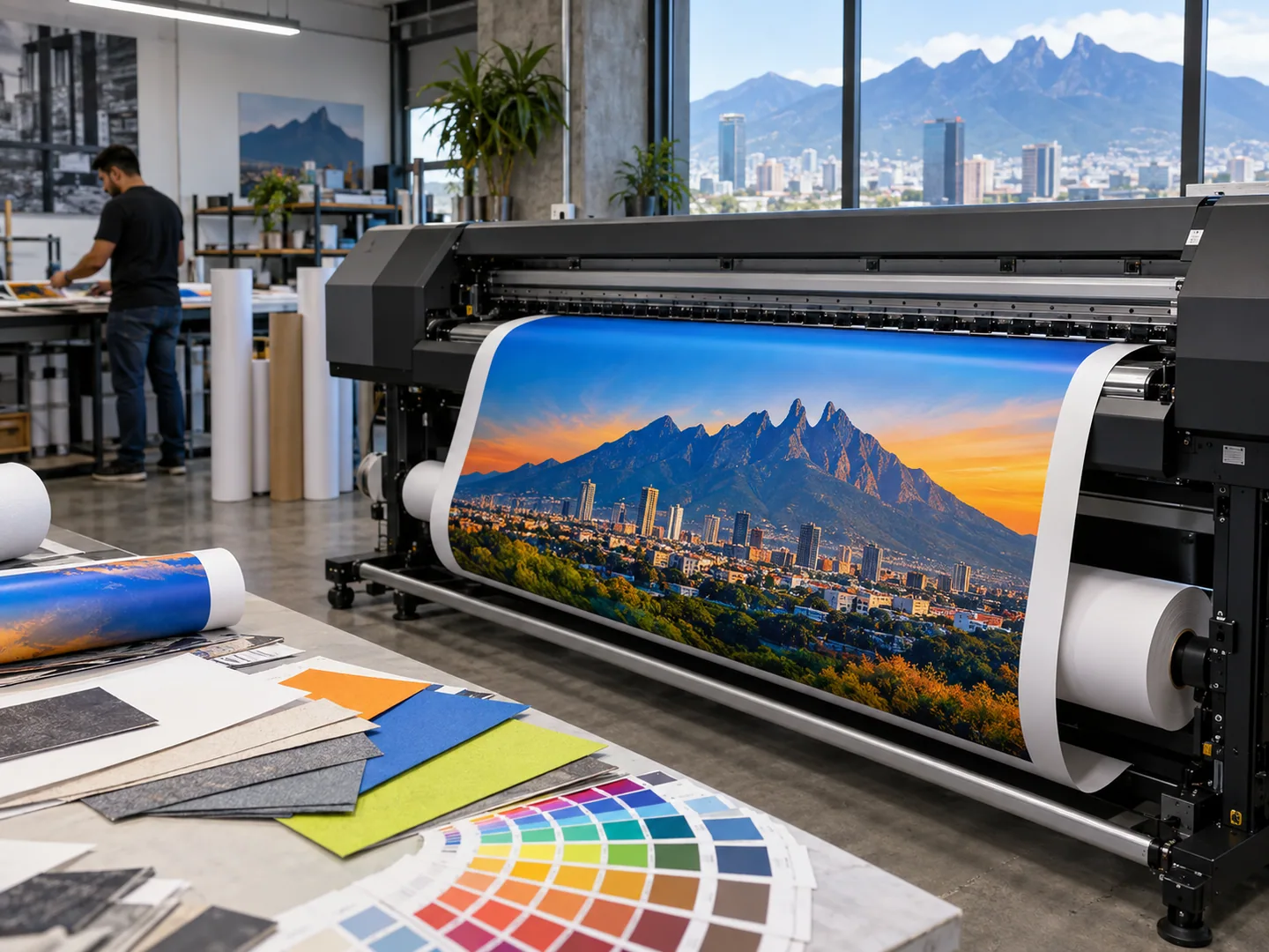 Equipo de impresión digital produciendo gráficos de colores intensos
