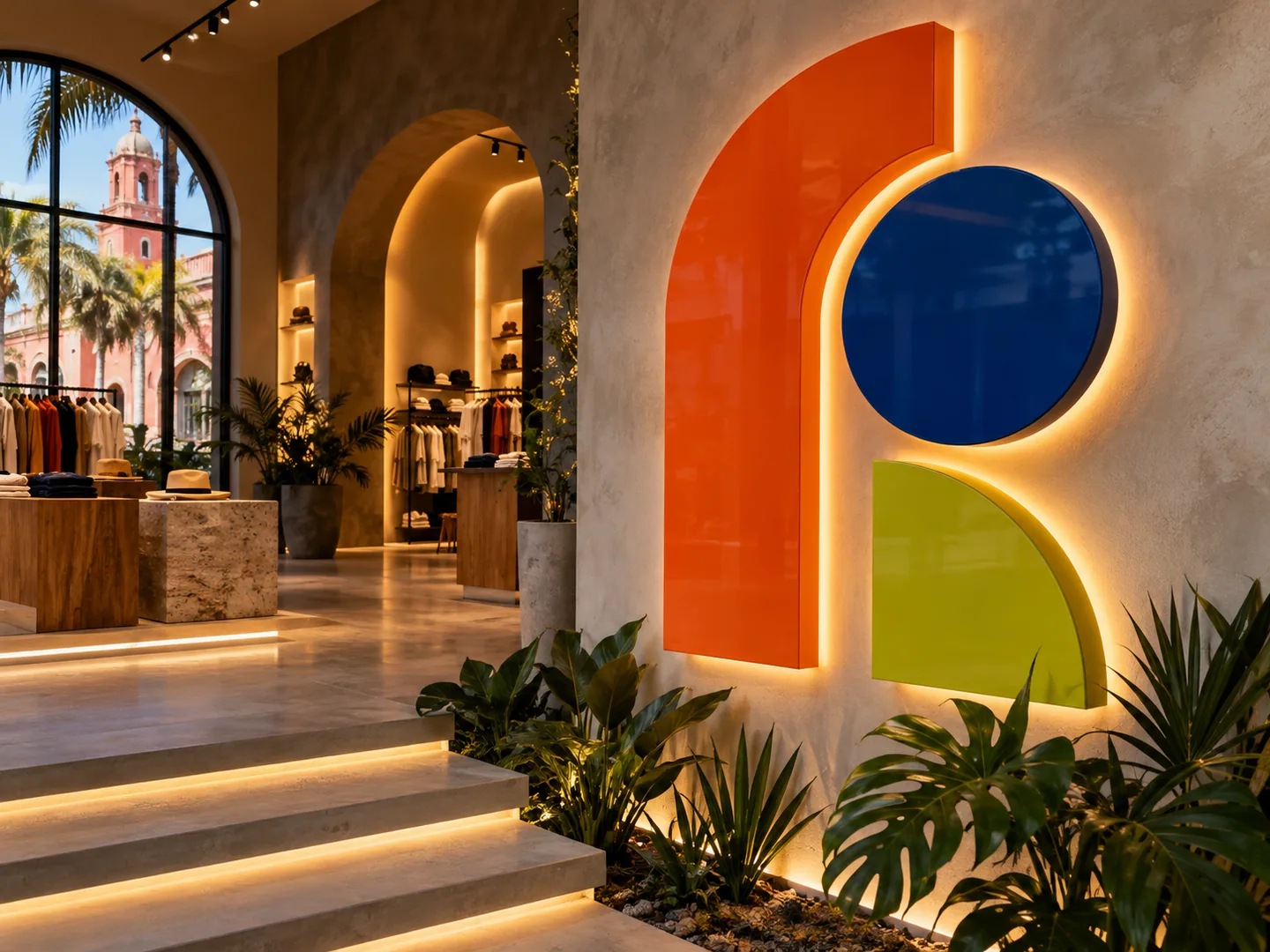 Instalación arquitectónica con formas tridimensionales iluminadas y materiales de color